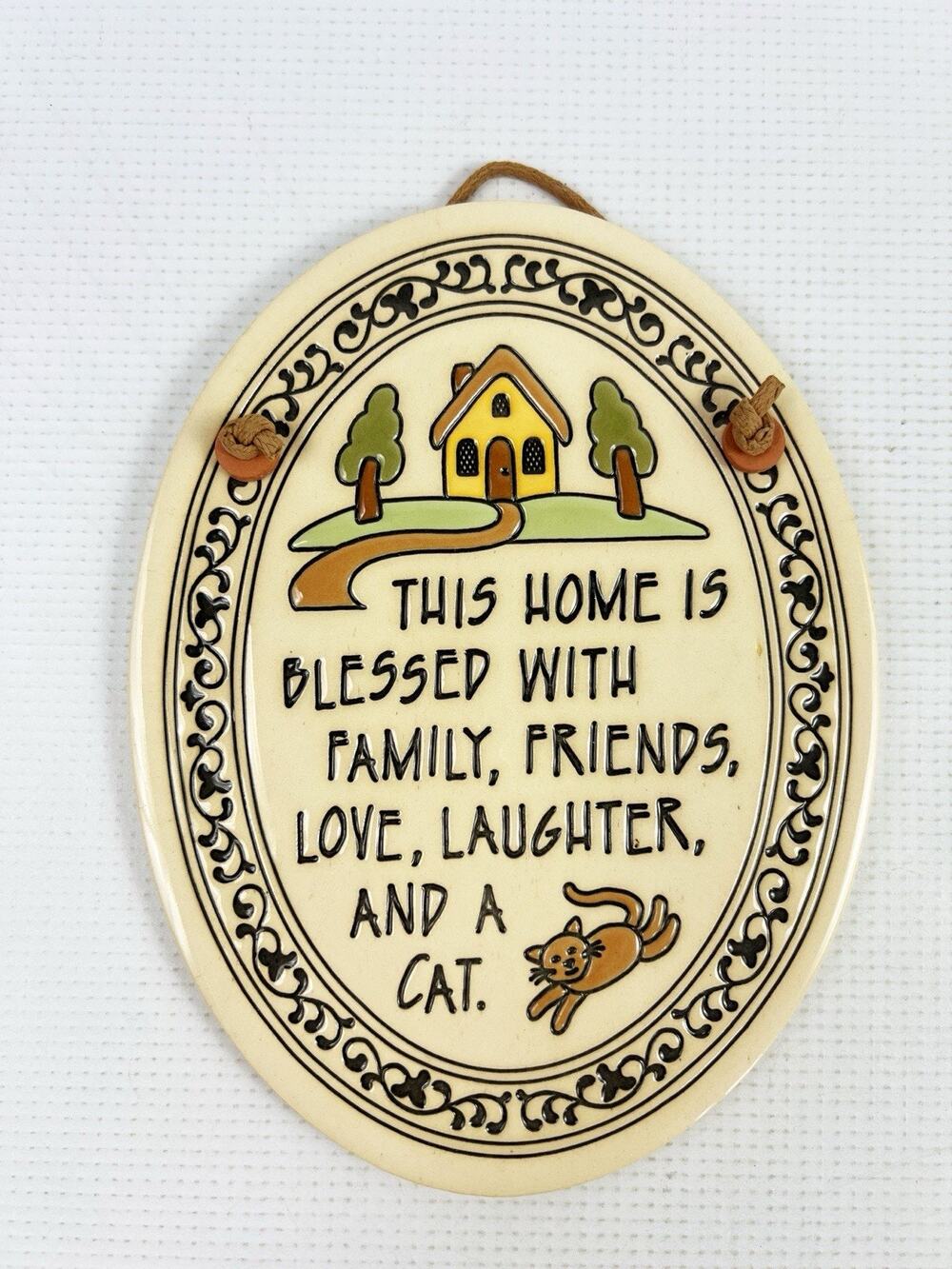 Vintage Cat Lover This Home Is Blessed Ceramic Wall Plaque Trinity Pottery USA